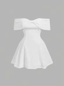 SHEIN MOD Đầm dạ hội mini màu trắng trễ vai thắt nơ cỡ lớn, thanh lịch cho tiệc tùng - trắng - Xem 5