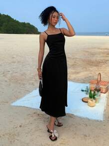 DAZY Women's Satin Slim Fit Waist Maxi Cami Dress,Casual Women Dresses Vacation - Black - View 4