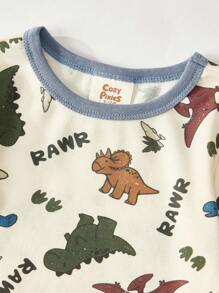 Cozy Pixies 2 件套男婴卡通恐龙印花针织柔软圆领长袖上衣和松紧腰长裤舒适睡衣套装 - 彩色 - 查看 5