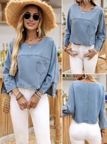 SHEIN LUNE Women's Casual Daily Washed Round Neck Patch Pocket Denim Blouse