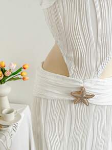 Soleia 女士夏季度假沙滩金属贝壳装饰镂空高腰提花弹力鱼尾连衣裙，白色，适合海滩、音乐节、派对 - 白色 - 查看 5