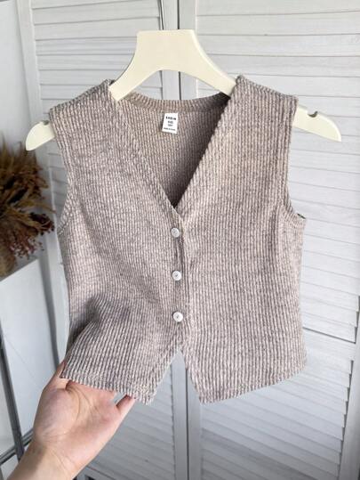 SHEIN Chaleco de punto estriado de color caqui liso informal para niña preadolescente