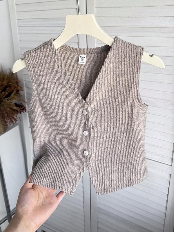 Tween Girl Casual Solid Khaki Ribbed Knit Vest