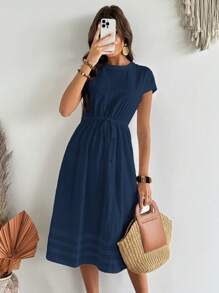 EMERY ROSE 女士纯色圆领短袖抽绳腰休闲连衣裙，夏季，女士衬衫裙，商务休闲女装 - 藍色 - 查看 5