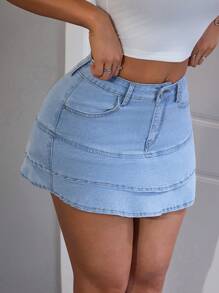 SHEIN PETITE 女士小号荷叶边下摆牛仔迷你裙 - 淺色水洗藍 - 查看 5