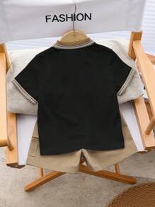 SHEIN 2 件套儿童男童休闲可爱卡通熊 Polo 衫和卡其色短裤针织服装，适合学校、花园、海滩、生日、春季、夏季、秋季、冬季 - 黑色 - 查看 2