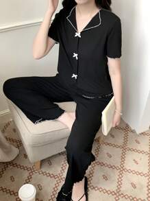 SHEIN Tween Girls 2pcs Set Casual Ribbon Bow Decor Short Sleeve Top And Ribbed Long Pants Pajama Set