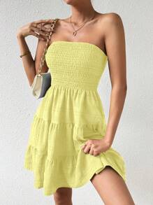 Roamenne Roamenne Women's Vacation Strapless Layered Hem Dress - Yellow - View 6