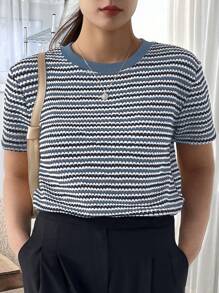 Dazy Petite Plus Color Block Striped Short Sleeve T-Shirt, Brown, Spring/Summer