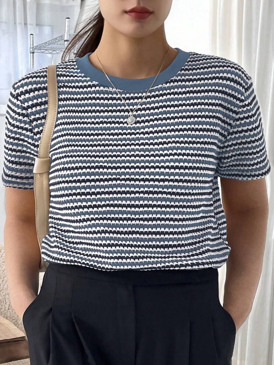 Dazy Petite Plus Color Block Striped Short Sleeve T-Shirt, Brown, Spring/Summer