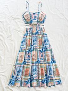 Soleia Women's Resort Tropical Landscape Print Cutout Cinching Waist Fit And Flare Summer Midi Dress, Boho Style, Suitable For Holiday, Dates, Afternoon Tea, Beach,Bohemian Clothes Vacation Dress - Multicolor - View 4