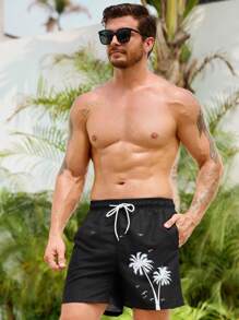 Manfinity VDAYZ Men's Palm Tree Print Drawstring Waist Beach Shorts - Black - View 1