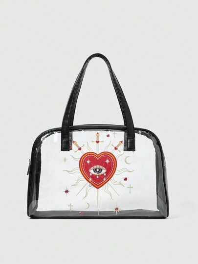 Goth Transparent Handbag Fashionable Portable Large Capacity Kawaii Cosmetic Organizer Makeup Bag, Suitable For Travel, Beach, Resort