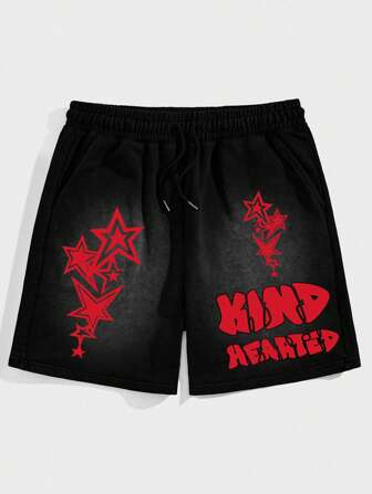 Street Life Pantalones cortos informales con cintura con cordón y bolsillos con estampado de pentágono para hombres