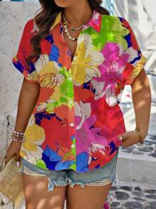 SHEIN LUNE 常规宽松大码休闲彩虹浪漫衬衫 - 彩色 - 查看 1