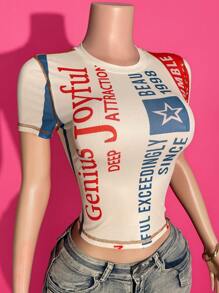 Slaydiva 2025 春夏新款休闲街头风格女式字母印花短款罗纹针织短袖 T 恤，适合音乐节、复活节、西部、游牧、生日、毕业典礼、学生、户外、多功能、度假、巡航、海滩