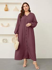 Graceveil Plus Lantern Sleeve Button Front Dress Maxi Women Outfit Modest Fall Cloth For Women - Red Violet - View 6