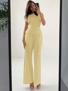 Aloruh Early Spring New Simple Solid Color Waist-Cinched Top With Straight Leg Pants 2Pcs Suit, Comfortable & Versatile Work Outfit - Yellow - View 3