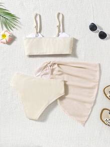 青少年女孩 3 件套贝壳流苏泳衣套装，海滩度假比基尼