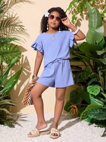 2pcs/Set Tween Girl Short Sleeve Top & Elastic Waist Shorts Casual Holiday Outfit
