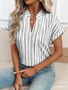 SHEIN Clasi Women's New Striped Patchwork Ruffle Trim Button-Up Shirt, Suitable For Work Or Commute - Grey - View 4