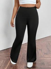 Firerie Plus Size Casual High Waist Elastische Zwarte Flared Broek Met Ritszak, Geschikt Voor Lente, Zomer, Herfst, Dagelijks Woon-werkverkeer En Sport