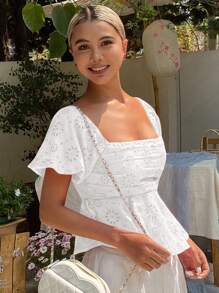 Livesso 夏季新款海滩度假纹理女式衬衫，娃娃装上衣 - 白色 - 查看 2