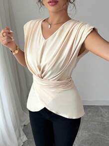 Elenzga Maglietta estiva elegante da donna con scollo a V e orlo incrociato