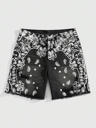 Street Life Herren Cashew Muster Tasche Distressed Lässig Jeans Shorts