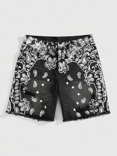 Street Life Men's Street Cashew Print Pocket Distressed Casual Denim Shorts