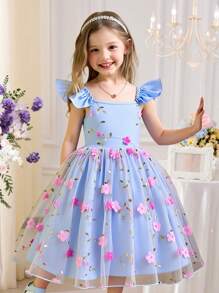 SHEIN Glamorique Kids Rochie de petrecere prințesă cu ochiuri de plasă brodate cu mâneci cu volane cu bretele spaghete elegante pentru fete, potrivită pentru sărbători, petreceri, zile de naștere, vacanțe, vară