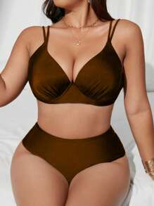 Swim Vcay Damen Badeanzug Set Einfarbig mit Unterbrustunterstützung, hohe Taille Dreieck-Design in 2 Teilen, große Größen, verstellbare Träger, elegant, modisch, sexy, Lässig, Urlaubs-Strandbekleidung