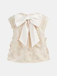 SHEIN 青少年女孩休闲梭织镂空无袖上衣，背面带蝴蝶结装饰，宽腿褶皱裤两件套，适合生日派对、毕业舞会 - 卡其色 - 查看 8