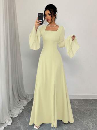 Rafferiza Blue Square Neck Double Layer Ruffle Cuff Insert Flared Hem Women Long Dress Fall Cloth For Women