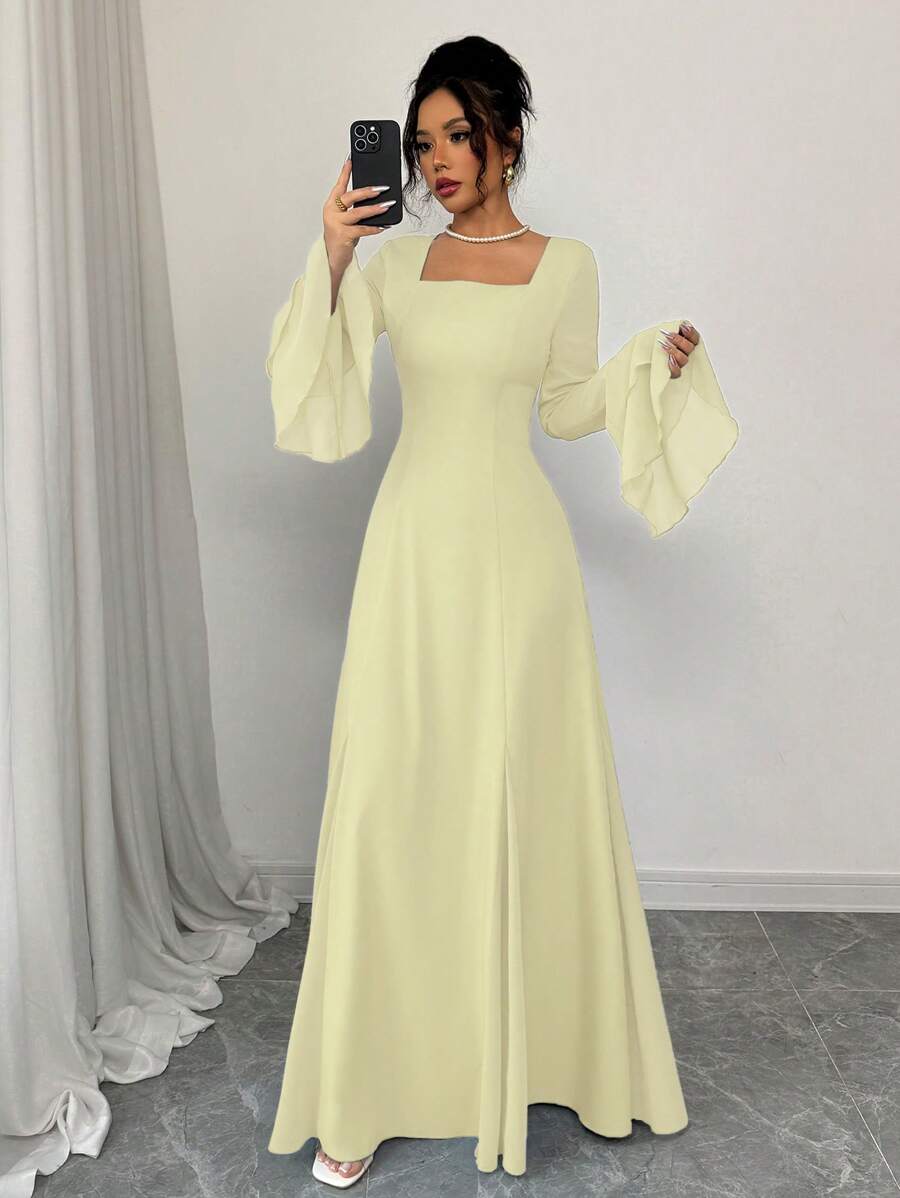 Rafferiza 蓝色方领双层荷叶边袖口嵌件喇叭形下摆女式长裙 - 淡黃色 - 查看 1