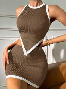 SHEIN PETITE 撞色滚边不对称下摆背心图案T恤女式上衣