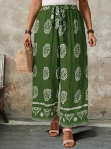 Breezaya Pantalones de vacaciones de estilo bohemio con estampado total, cinturón y piernas anchas, para mujeres de talla grande, pantalones de verano - Verde - Ver 5