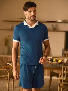 Manfinity VCAY 2pcs Men Casual Knit Patchwork Slim Fit Short Sleeve Polo Shirt Set - Navy Blue - View 5