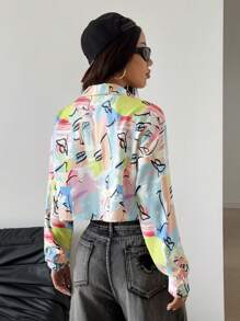 SHEIN Unity 女式全印花长袖实用口袋短款休闲衬衫 - 綠色 - 查看 2