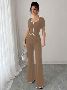 Elenzga 2 件套女士套装，前扣上衣和裤子，休闲优雅，适合通勤 - 咖啡棕 - 查看 8
