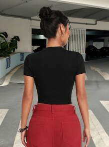 Muchica 休闲简约“我爱我的男朋友”口号图案圆领短袖短款紧身T恤女款夏季