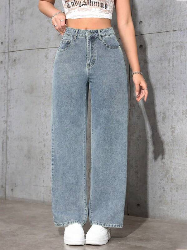 SHEIN Jeans droits amples et polyvalents pour femmes avec poches