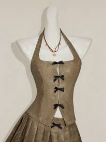 SHEIN ICON Sexy Hottie Retro PU Bowknot Backless Crop Top And Pleated Mini Skirt 2-Piece Set - Green - View 5