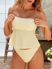 Swim Mod 2025年夏季新款女士泳衣海滩度假甜美露肩蝴蝶装饰三角泳裤2件套性感套装，纹理材质 - 黃色 - 查看 3