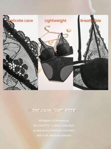 LUVLETTE 2 Stück Damen Sexy Wäsche Volldeckende ungefütterte schwarze Spitze Eleganz & Mesh Minimizer BH Spitzen-BH Panty Matching Sets - Schwarz - Übersicht 4