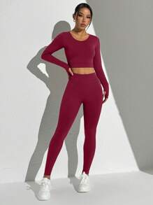 Easithlete 女士纯色交叉后背长袖短款 T 恤和紧身裤运动服套装女士健身套装 - 酒紅色 - 查看 7