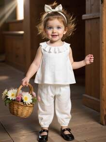 SHEIN Baby Girls Casual Korean Style Lace Collar Jacquard Weave Patterned Woven Top And Pants Set For Summer - White - View 1