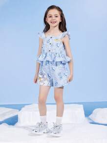 SEALOOK X SHEIN 少女卡通可爱海豹、鱼、贝壳印花蓝色夏日度假清爽荷叶边下摆上衣短裤套装 - 淺藍色 - 查看 3