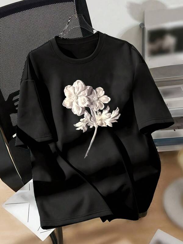 Women Round Neck Short Sleeve Shirt, Casual Minimalist Floral Print T-Shirt, Daily Wear Graphic Tee For Women