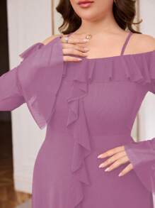 Modelyn Plus Size Women's Off-Shoulder Long Sleeve Flare Waist Ruffled Mesh Elegant Dress
